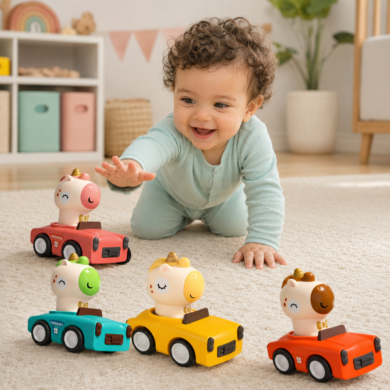 مجموعة سيارات الألعاب التفاعلية "اضغط وانطلق" للأطفال من "تويز لاند" (TOYS LAND) - 4 سيارات سباق كرتونية على شكل حيوانات لطيفة تعمل بالضغط والاحتكاك (ألوان متعددة).