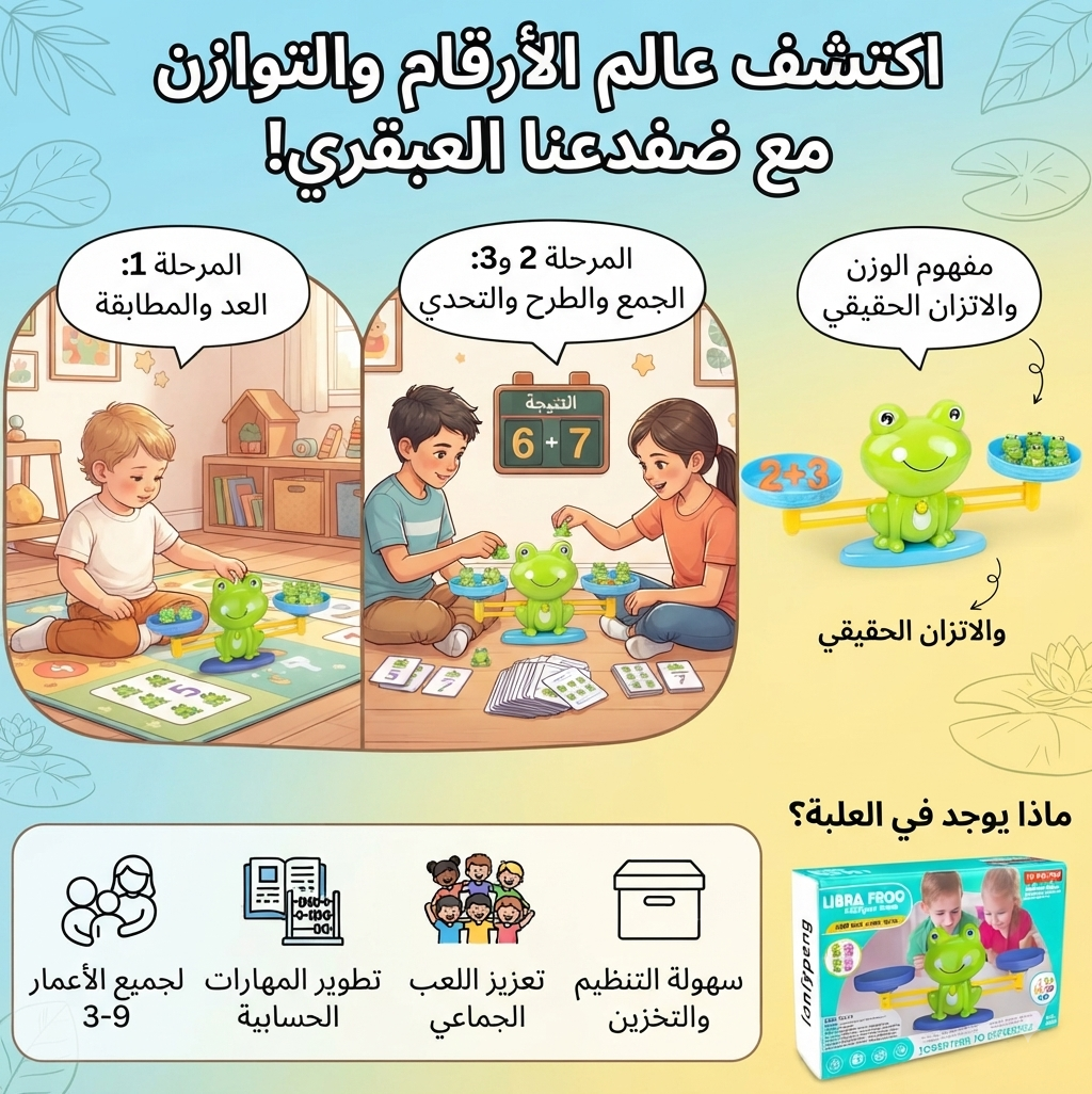 لعبة ميزان الضفدع التعليمية لتعلم الحساب والأرقام (63 قطعة) - ألعاب رياضيات تفاعلية ومنهج STEM لتهيئة الأطفال لمرحلة ما قبل المدرسة (سن 3 سنوات فما فوق).