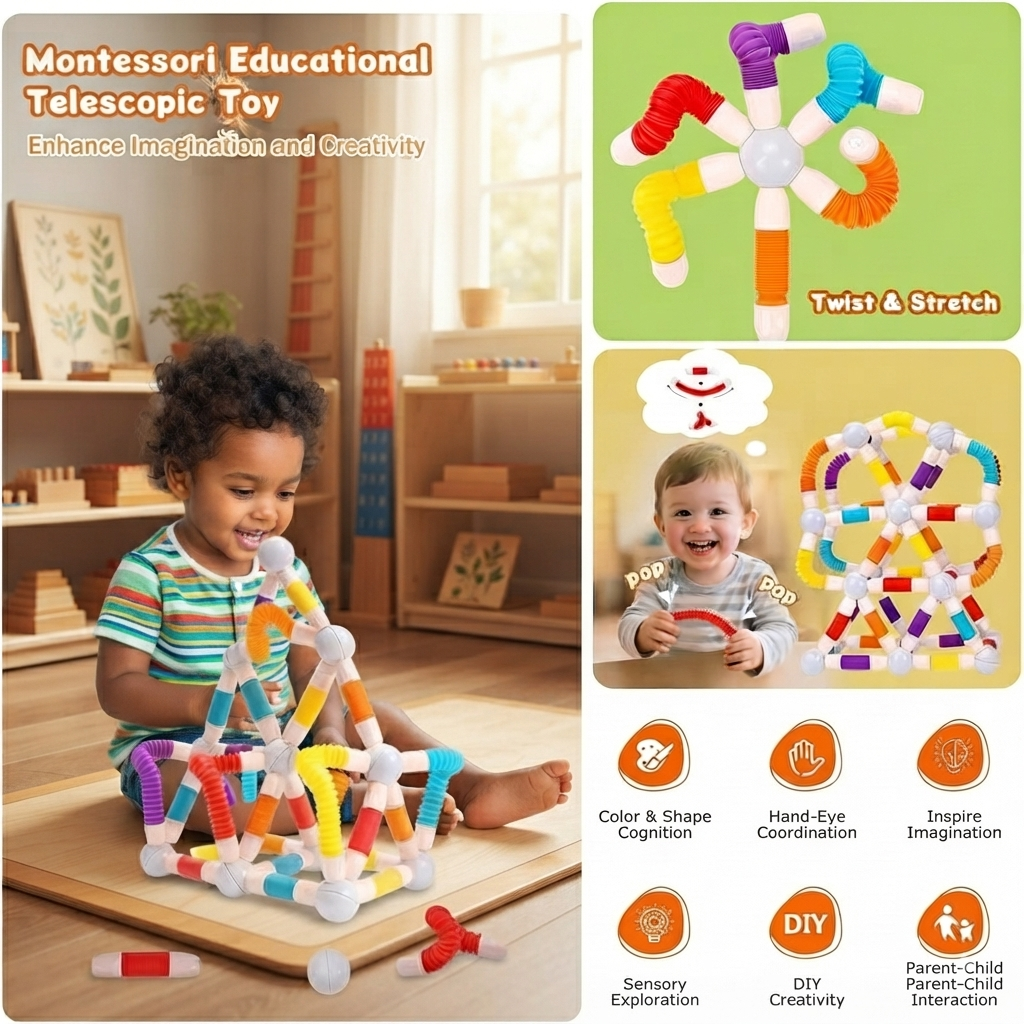 مجموعة ألعاب البناء والتركيب المغناطيسية ثلاثية الأبعاد (25 قطعة) من كيدز زون (KIDSZONE) - أنابيب مرنة وعصي تلسكوبية قابلة للتمدد مع كرات مغناطيسية لتعليم الـ STEM للأطفال.