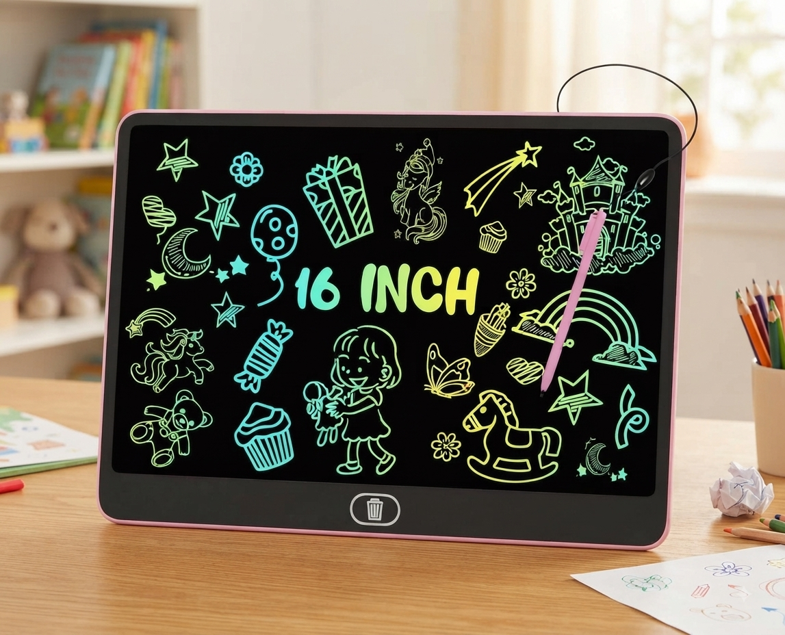 تابلت رسم وكتابة إل سي دي (LCD) ملون مقاس 16 بوصة للأطفال من "إلكتيت" (لون وردي) - لوحة ذكية لحماية العين وتنمية مهارات الرسم والكتابة لسن 3 إلى 8 سنوات.