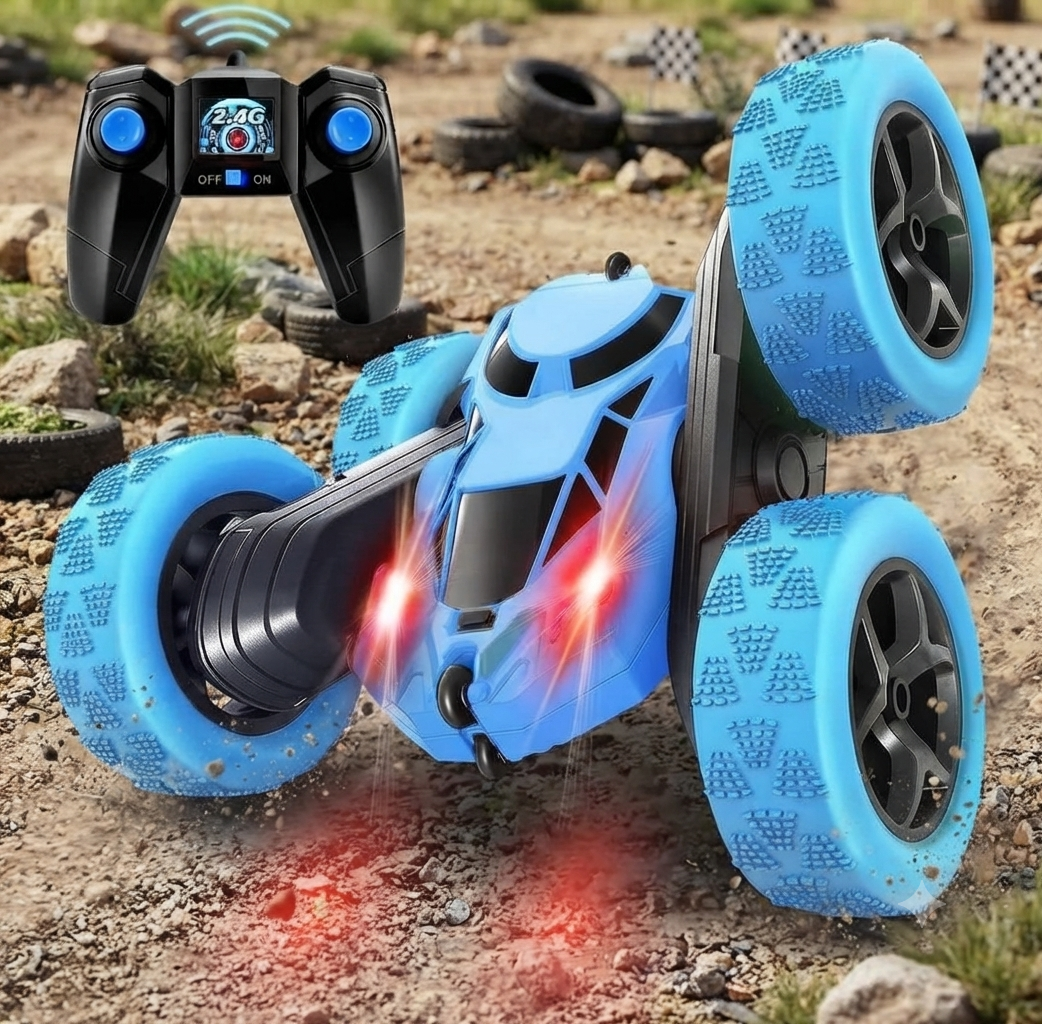سيارة حركات بهلوانية بجهاز تحكم عن بعد من MidiVix - دفع رباعي 4WD، دوران 360° على الجانبين، كشافات إضاءة ووقت تشغيل 90 دقيقة للأطفال (+6) - لون أخضر