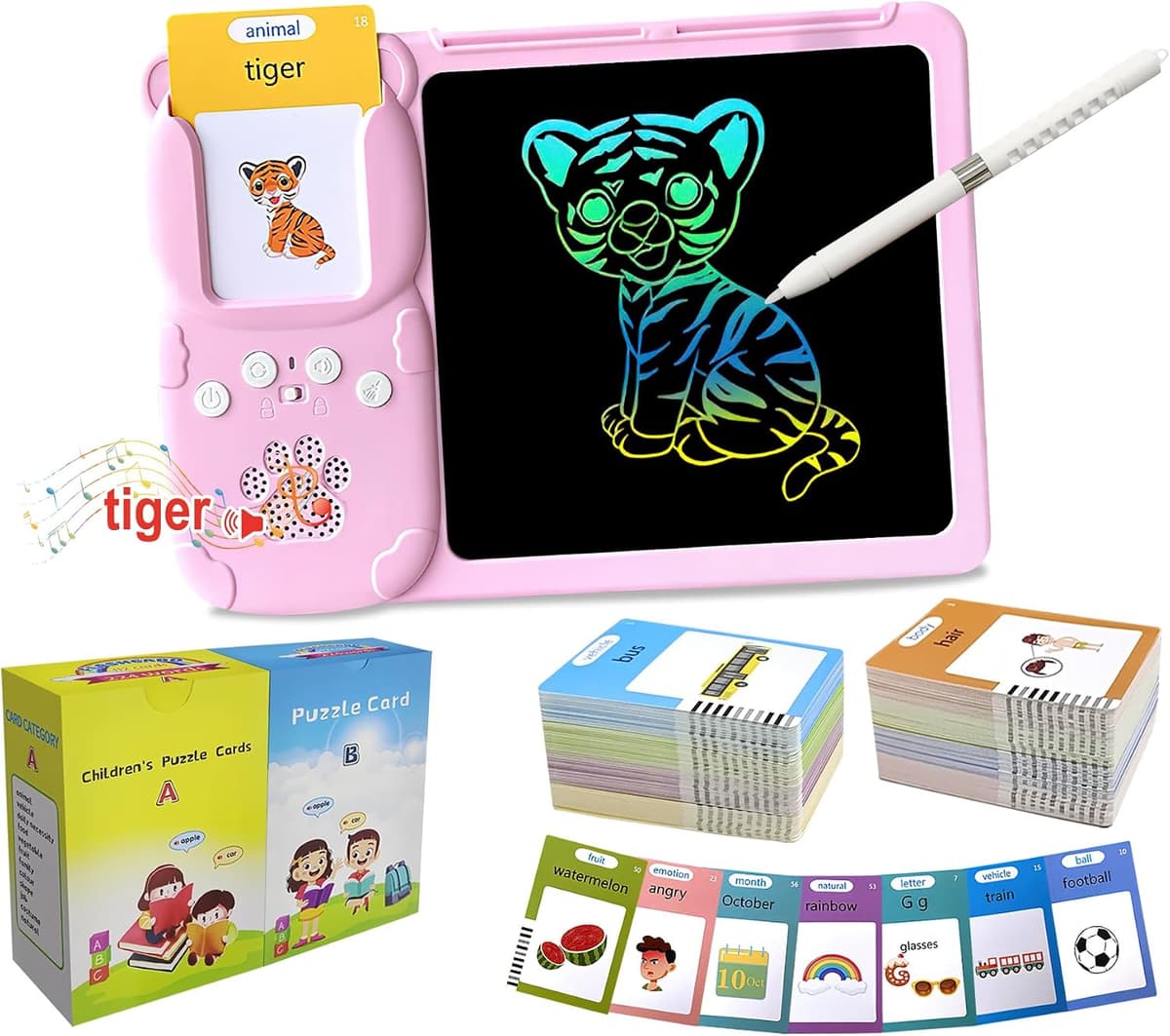 تابلت الرسم LCD الذكي وجهاز بطاقات الكلمات الناطقة للأطفال 2 في 1 من Rylai - مضاد للصدمات مع 510 كلمة - لون وردي