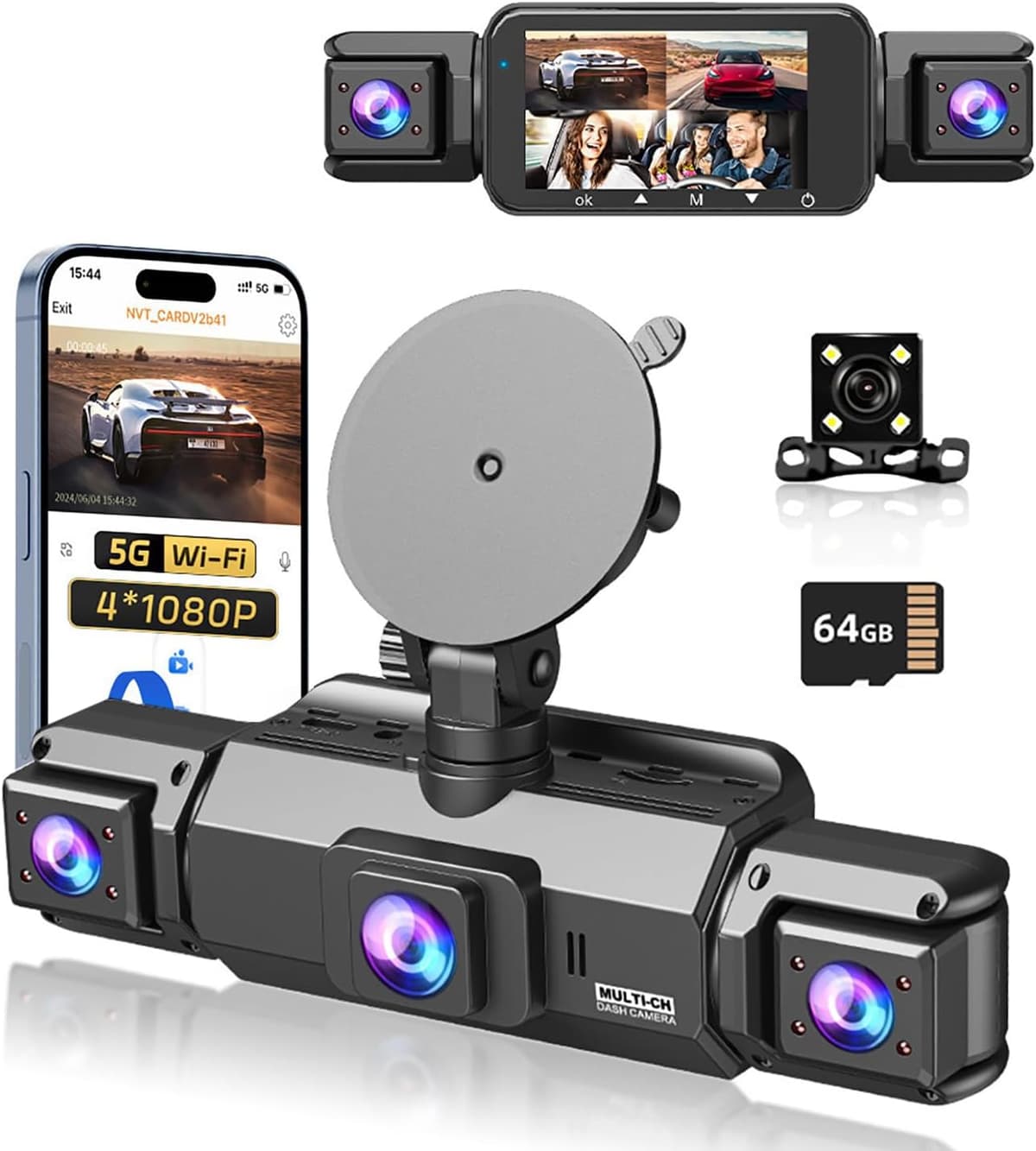 كاميرا سيارة داش كام 4 قنوات رؤية 360 درجة (أمامية وخلفية وجانبية) بدقة 1080P - دعم واي فاي 5G ونظام تحديد المواقع GPS مع رؤية ليلية ومراقبة وقوف 24 ساعة (تشمل بطاقة ذاكرة 64 جيجابايت)
